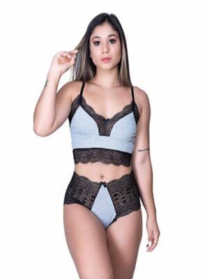 Conjunto Calcinha e Sutiã Com Renda Lingerie Soutien Sem Bojo e Calcinha Cintura Média Ref. 9029
