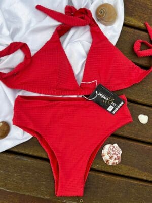 Biquíni Top Cortininha Fixa Com Bojo Removível e Cintura Alta (Hot Pants) Ref.224