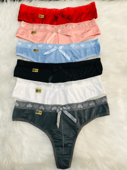 Kit 5 Calcinha Em Microfibra Lisa com Cintura Em Renda e Lacinho Sthefany Ref.066